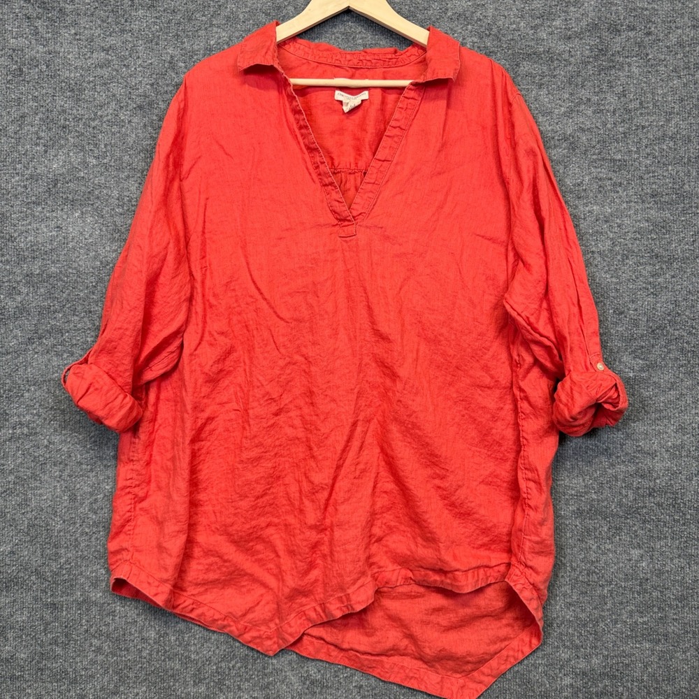 Christian Siriano Plus Size 3X Shirt Blouse Red Orange Linen Roll Tab Sleeves